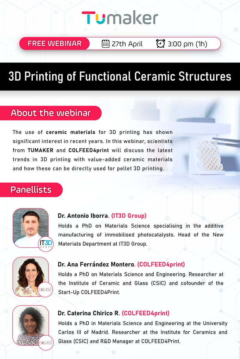 Tumaker3D's tweet image. 🔴 WEBINAR GRATUITO | Impresión 3D de estructuras cerámicas funcionales.

Científicos especializados de @Tumaker3D y @colfeed4print conducirán la ponencia el 27 de abril.

Regístrate gratis en: formacion.it3d.com/webinar/3D-PRI… 

#Pellets #3Dprint #CeramicMaterials #Tumaker #Colfeed4Print