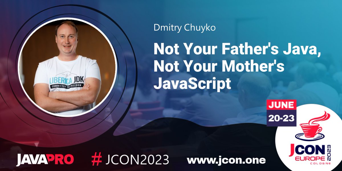 jcon_conference's tweet photo. See @dchuyko at #JCON2023 in Cologne talks about 'Not Your Father's Java, Not Your Mother's #JavaScript'
20 years ago #Java started supporting regular expressions & XML…
Get your free #JUG Ticket https://t.co/wTLeI3taOB
#CorJava #JavaSE #WebDevelopment #DeveloperProductivity https://t.co/I9hc9RNYuA
