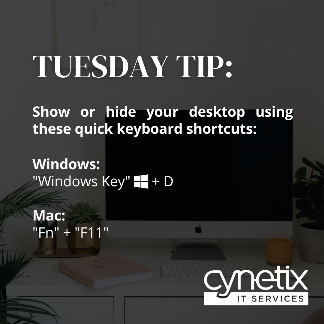 CynetixIT's tweet image. Tuesday Tip
Quickly show or hide your desktop using these handy shortcuts
#TopTipTuesday #TuesdayTip #computershortcuts #desktop #windows #mac #cynetixitservices