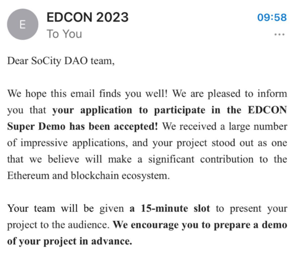 socitydao's tweet photo. Our project 'Green Commute' has been accepted by
@EDCON2023 Super Demo! Looking forward to the event and see you guys in Montenegro.
Stay tuned for updates in 👉https://t.co/ZkWrCHxa3I https://t.co/XOdJfYFAiL