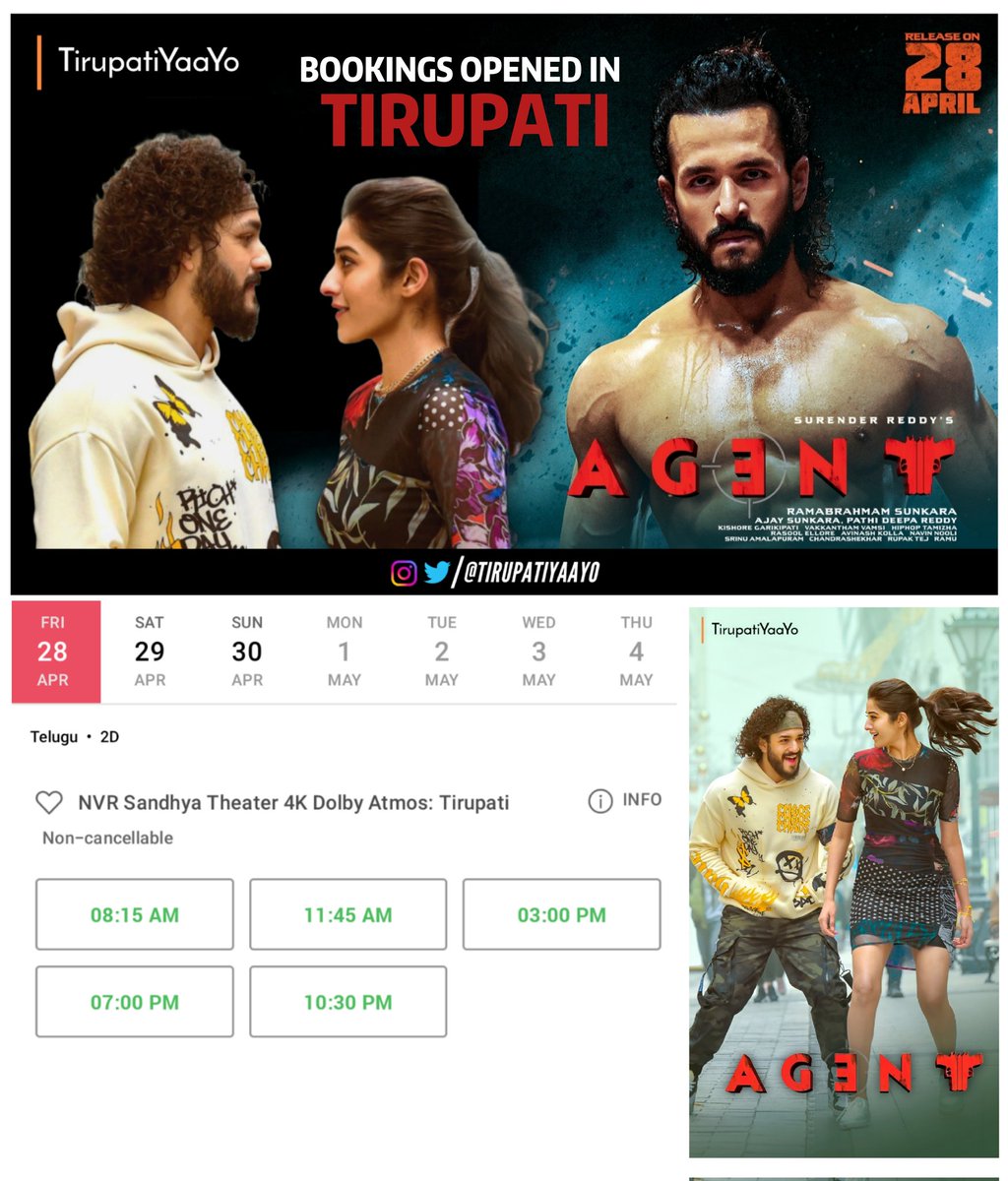 TirupatiYaaYo's tweet image. #Agent Movie Bookings Opened in Tirupati 🔥

#AGENTonApril28th #AgentTrailer #Tiripati #BOOKINGS #TirupatiYaaYo #AkhilAkkineni
