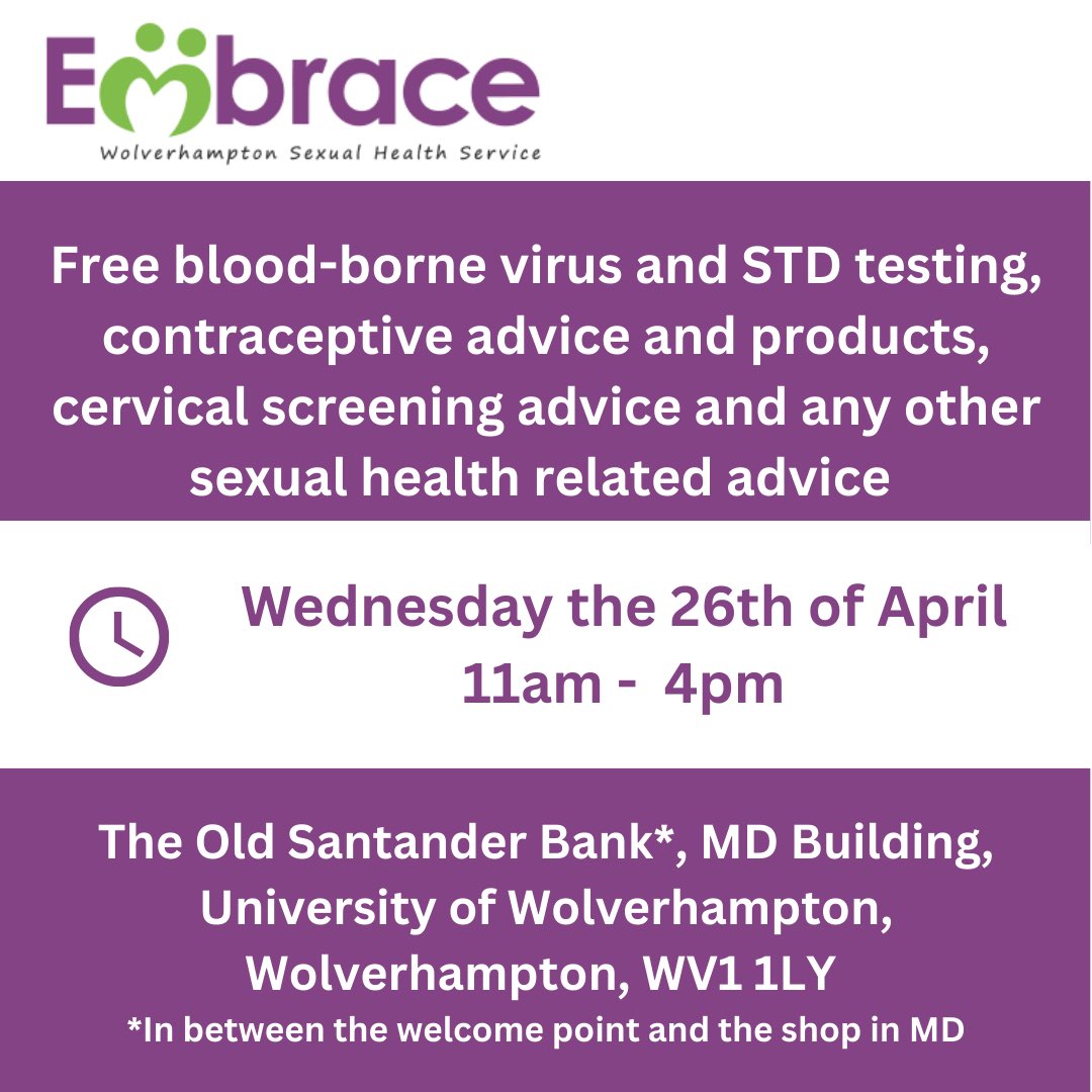 @embracewolverhampton_  will be on campus tomorrow 11am-4pm! To answer any sexual health queries you have!