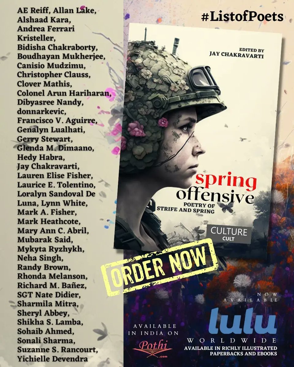 Pleased to have works reprinted in this creative new #warpoetry anthology new from @CultureCultPub!

Book is filled with 'poems of strife & spring,' each inspired by Wilfred Owen's WW1 'Spring Offensive.'

$15.99 paperback via Lulu here:
lulu.com/shop/jay-chakr… #FOBhaiku #SoFrag