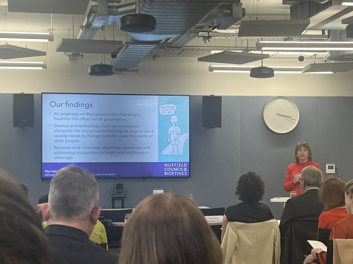 Great to be @Nuffbioethics launch of their #futureofageing report! @bellastarling starts by presenting some of the key findings, incl that R&I should be concerned with addressing #healthinequalities and wellbeing in older age.
