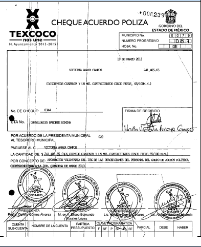 artur_espinosa's tweet photo. Los cheques con los “diezmos” que el Ayuntamiento de Texcoco descontó a sus trabajadores del 2013 al 2015, fueron autorizados por @delfinagomeza, pues en los cheques aparece su firma, según el expediente INE-CG1499-2021. https://t.co/jVgZ9Z0GQn