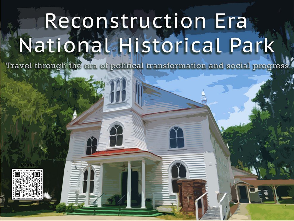 ParkedAtHome's tweet photo. @HarringtonURI students' vintage #nationalparks posters of @ReconstructNPS, Ste. Geneviéve National Historical Park, @YellowstoneNPS, @KlondikeAKNPS, Eisenhower National Historical Site, and @EllisIslandNPS. Once printed, audiences can scan QR codes to watch episode clips! 1/2 https://t.co/G1K5KgUdGQ