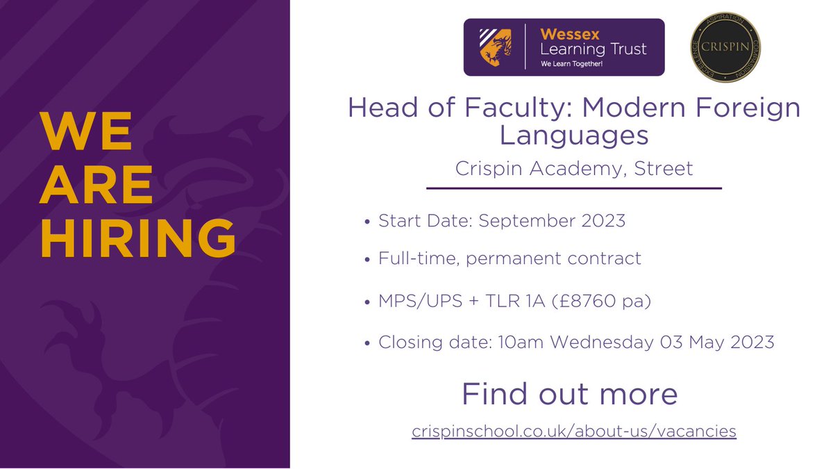 We are looking for a talented Head of Modern Foreign Languages at @crispinschool to share your passion for MFL and ensure students reach their full potential. 

If this is you, find out more and apply here: bit.ly/41VgRY1

#modernforeignlanguages #mflteacher