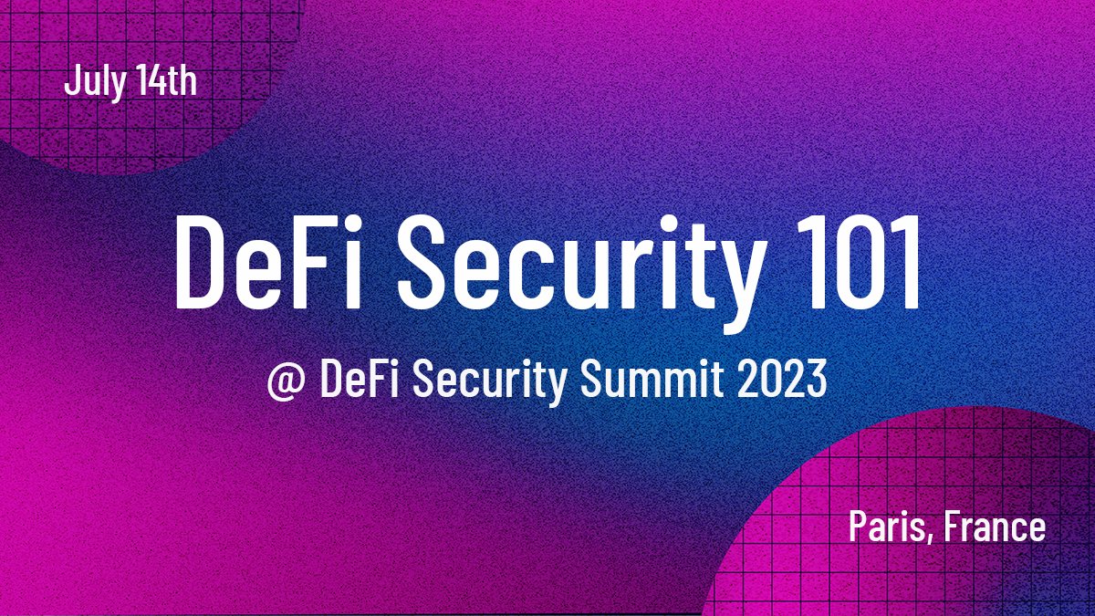 1/ We’re happy to announce DeFi Security 101, a one-day intensive course for developers on security in web3, directly preceding DeFi Security Summit 2023.

July 14th in Paris, France

Apply: hubs.la/Q01MCLN70

Thread of our AMAZING workshop leaders: 🧵👇