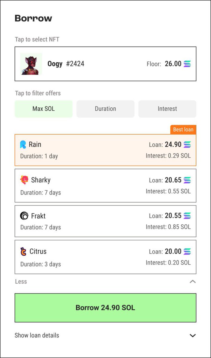 BIG NEWS 🚨🗞️

We are bringing you an NFT-backed loan aggregator, so you can daaa🧨 find the best loans across all existing platforms like <a href="/SharkyFi/">Sharky 🦈 NFT-backed loans</a>, <a href="/frakt_hq/">Banx @banx_gg</a>, Citrus <a href="/FamousFoxFed/">Famous Fox Federation 🦊🟠</a>, <a href="/rainfi_/">Rain.fi</a> , etc.

If you are say a proud <a href="/oogyNFT/">oogy</a> holder, you will see this slick UI. 

We're on a