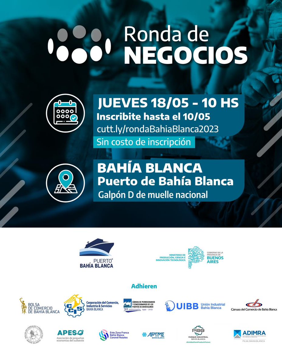 zfbbcr's tweet photo. El  *Consorcio del Puerto de Bahía Blanca* y el *Ministerio de Producción, Ciencia e Innovación Tecnológica de la provincia de Buenos Aires* invitan a participar de la *"Ronda Multisectorial de Negocios Bahía Blanca 2023"*
✍🏻- Para *inscribirte ingresa a:* https://t.co/ZVpVhUNJKo https://t.co/zwp4yi58e3