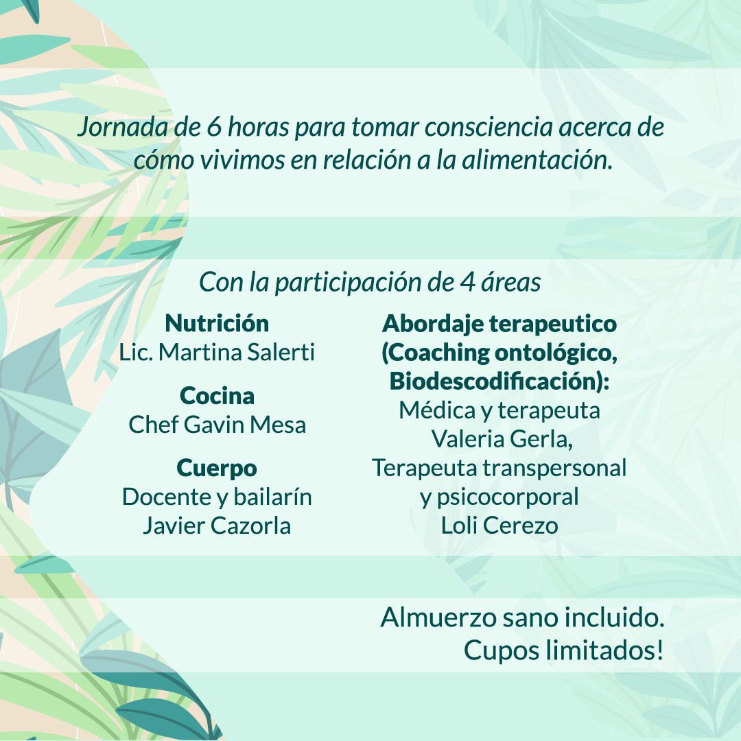 valgerla's tweet photo. Nuevo taller vivencial!

Anímate a participar de esta jornada! Aprenderemos sobre la relación que tiene nuestro sentir y pensar, nuestro cuerpo, y nuestra alimentación.

Incluye exhibición de comida rápida y saludable, con un almuerzo delicioso y sano.

 WhatsApp 098531313🤗 https://t.co/zO8dcD1rCO