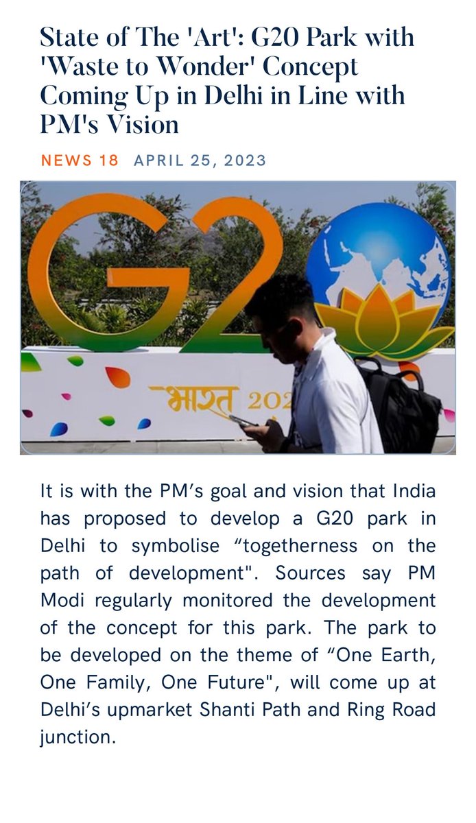 VasukiBJP's tweet photo. State of The 'Art': G20 Park with 'Waste to Wonder' Concept Coming Up in Delhi in Line with PM's Vision
https://t.co/Xre7yQJOoC

via NaMo App https://t.co/aflxA9A64K