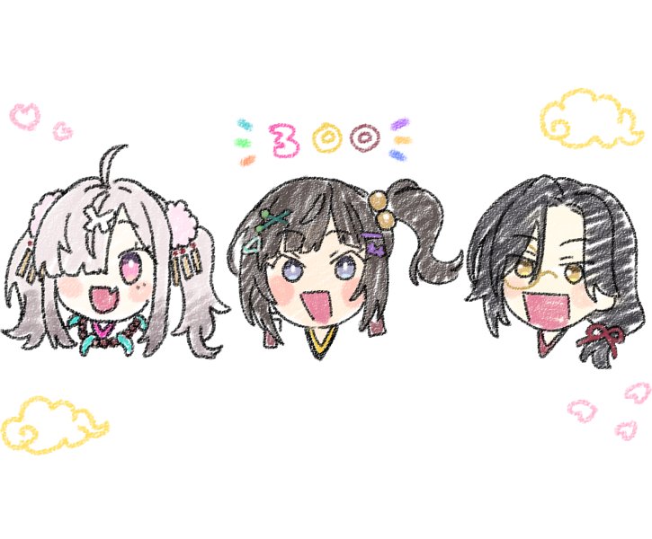 multiple girls black hair hair over one eye twintails yellow eyes hair ornament smile  illustration images