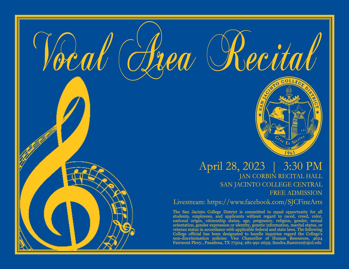 SJCCMusic's tweet photo. 🎶 The SJCC Vocal Area Recital is this Friday at 3:30 PM in Corbin Hall, Monte Blue Music Bldg (C5).   @SanJacCollege #sjcspring23 #sjcfreeconcert https://t.co/GiFkWs3zlI 🎶 https://t.co/qHWAyramOh