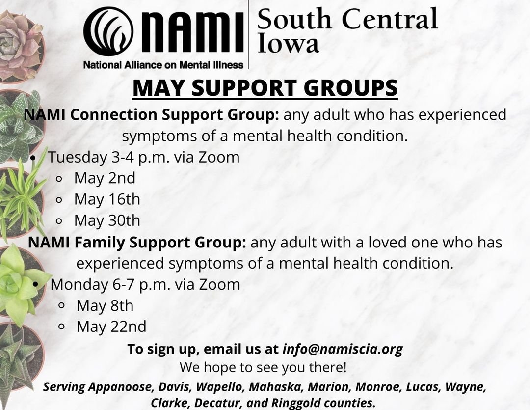 #Check #out our #dates for #May's #support #groups!

To #sign up or for #questions, please #email info@namiscia.org.

#We #hope #to #see #you #there!
💚💚💚
#connectionsupportgroup #FamilySupportGroup #youarenotalone #namisouthcentraliowa