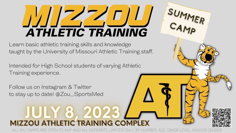 ZOU_SportsMed's tweet photo. 🚨High Schoolers🚨 
Interested in being an athletic trainer? Come find out what it’s all about. It’s more than taping ankles and water bottles. Recent media has highlighted how our profession can save lives. Sign up for our one day camp to experience it all! Link in bio! 🐯 #miz https://t.co/Z1sVjdJbXr