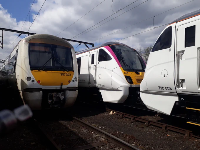 c2c 357 and Aventra 720 trains at the depot