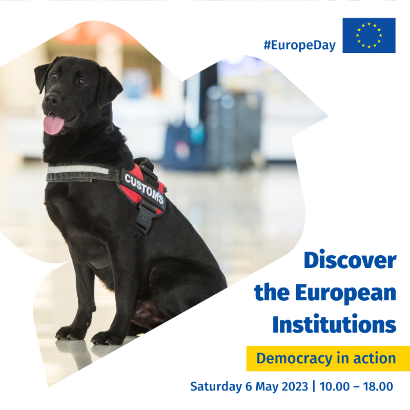 EU_Taxud's tweet photo. 📅 Save the date! On Saturday 6 May, visit our stand on 🇪🇺Customs at #EuropeDay.

🎞 Learn more on the history of 🇪🇺 Customs &amp; what it does.

🐶🧳 Meet a 🇧🇪 Customs Dog and its handler demonstrating how they work

🏺 See a selection of unusual items seized by 🇧🇪 customs