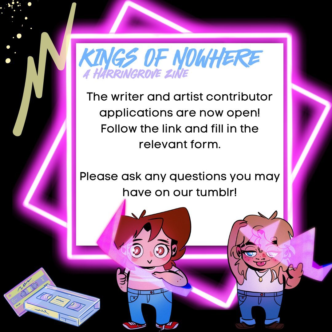 HarringroveZine's tweet photo. Calling all content creators! You have just over THREE days left to apply for the #kingsofnowherezine!! #Harringrove #harringrovezine #creatorsignups
Writer- https://t.co/iflNZqiMdI
Artist- https://t.co/3rcUgk7AB8
Closing date: 29th April 11:59pm PST https://t.co/Bi5B4mvron