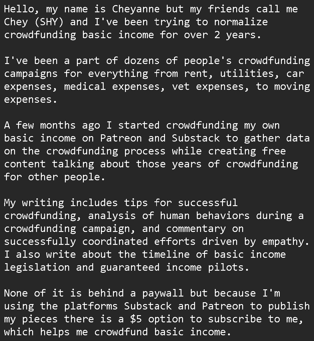 Cheyanne4UBI's tweet photo. #TuesdayVibes #BasicIncome #UBI #CrowdfundBasicIncome
I'd like to write a response to an AMA regarding my basic income advocacy in the not-too-distant future.
Ask Me Anything About My Basic Income Advocacy
My Writing๐๐ผ
https://t.co/PeQ8o1HgKx
https://t.co/UhWd9zUfmB https://t.co/dr5lTLSFpo