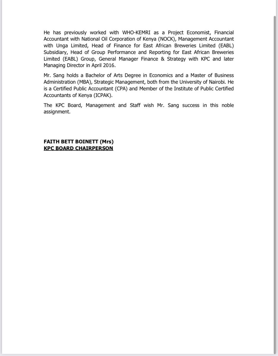 kenyapipeline's tweet photo. PRESS RELEASE: APPOINTMENT OF JOE SANG AS KPC MANAGING DIRECTOR https://t.co/w4gPFpBbcg