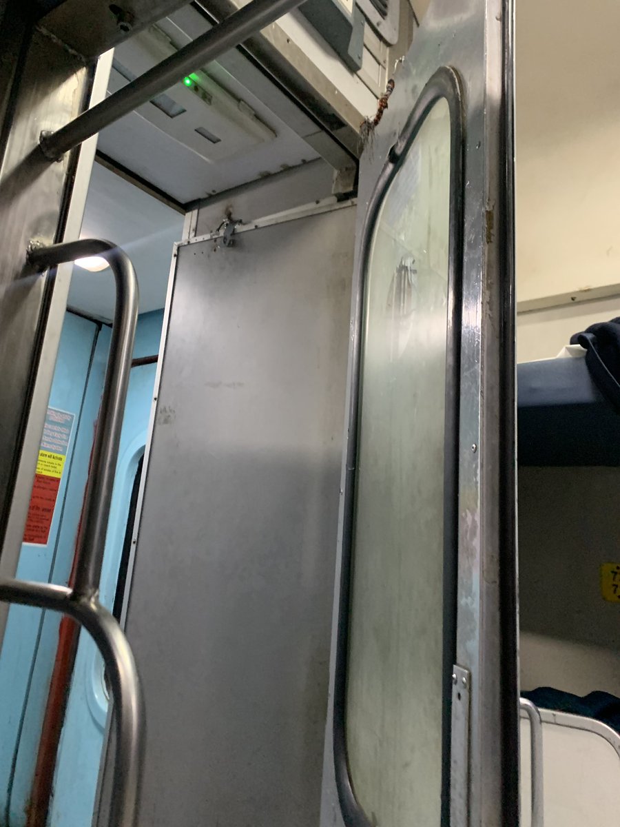 Shantanu235's tweet photo. @IndianRailMedia @RailMinIndia @RailwaySeva traveling to Delhi by train no 02563 in B8, 65. 1st this train was 7 hour late, i was forced to wait at station. 2nd when I finally board to train. This door doesn’t have enclosure to close. Noise getting on seat, couldn’t able to sleep https://t.co/ghl5HhPlSV