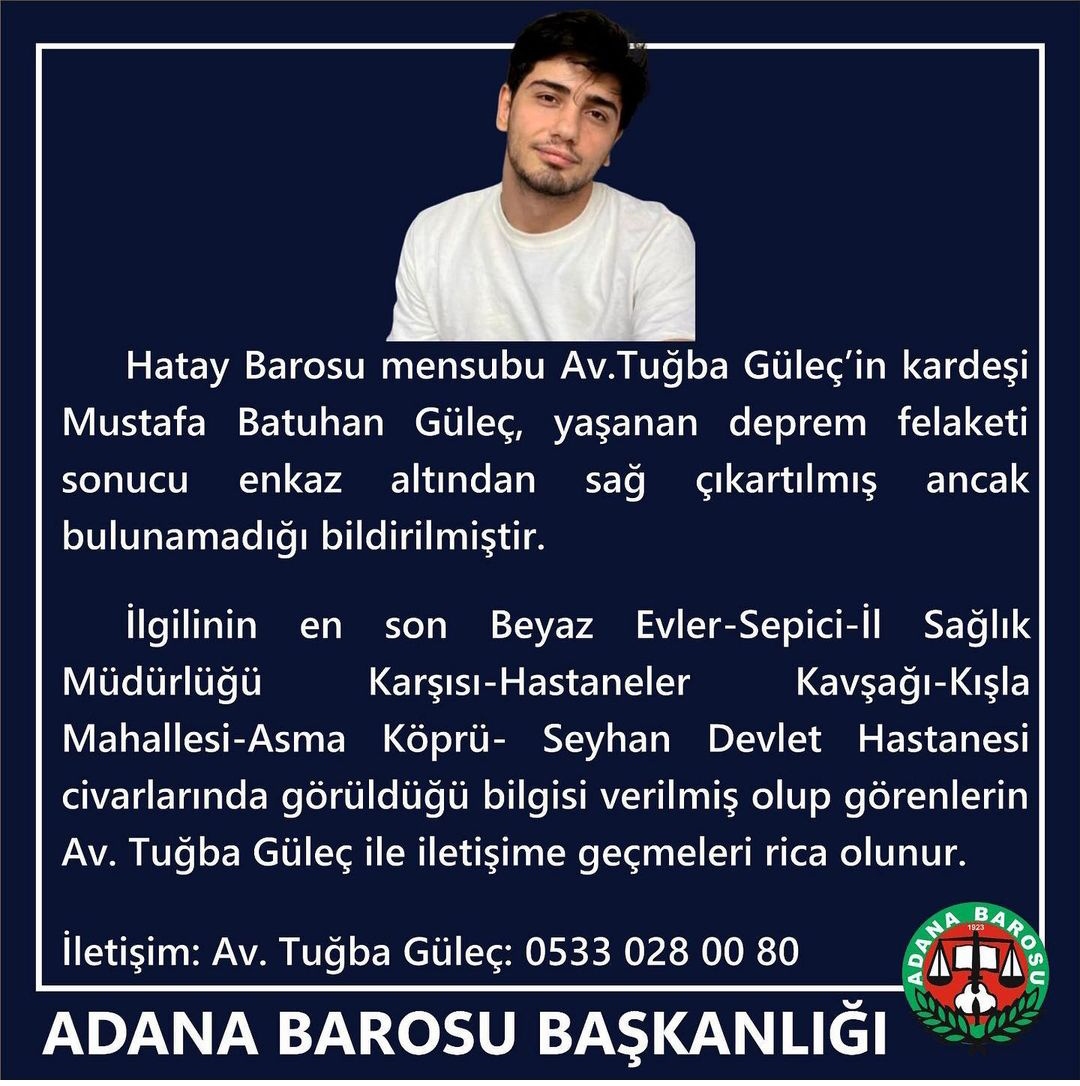 siyahkartus's tweet photo. Ailesi depremden sonra sağ çıkarılmış ve Adana'da görülmüş Mustafa Batuhan Güleç'i arıyor. Gören olursa diye ablasının numarası aşağıda. Yayalım. https://t.co/xhwnlPIlv5
