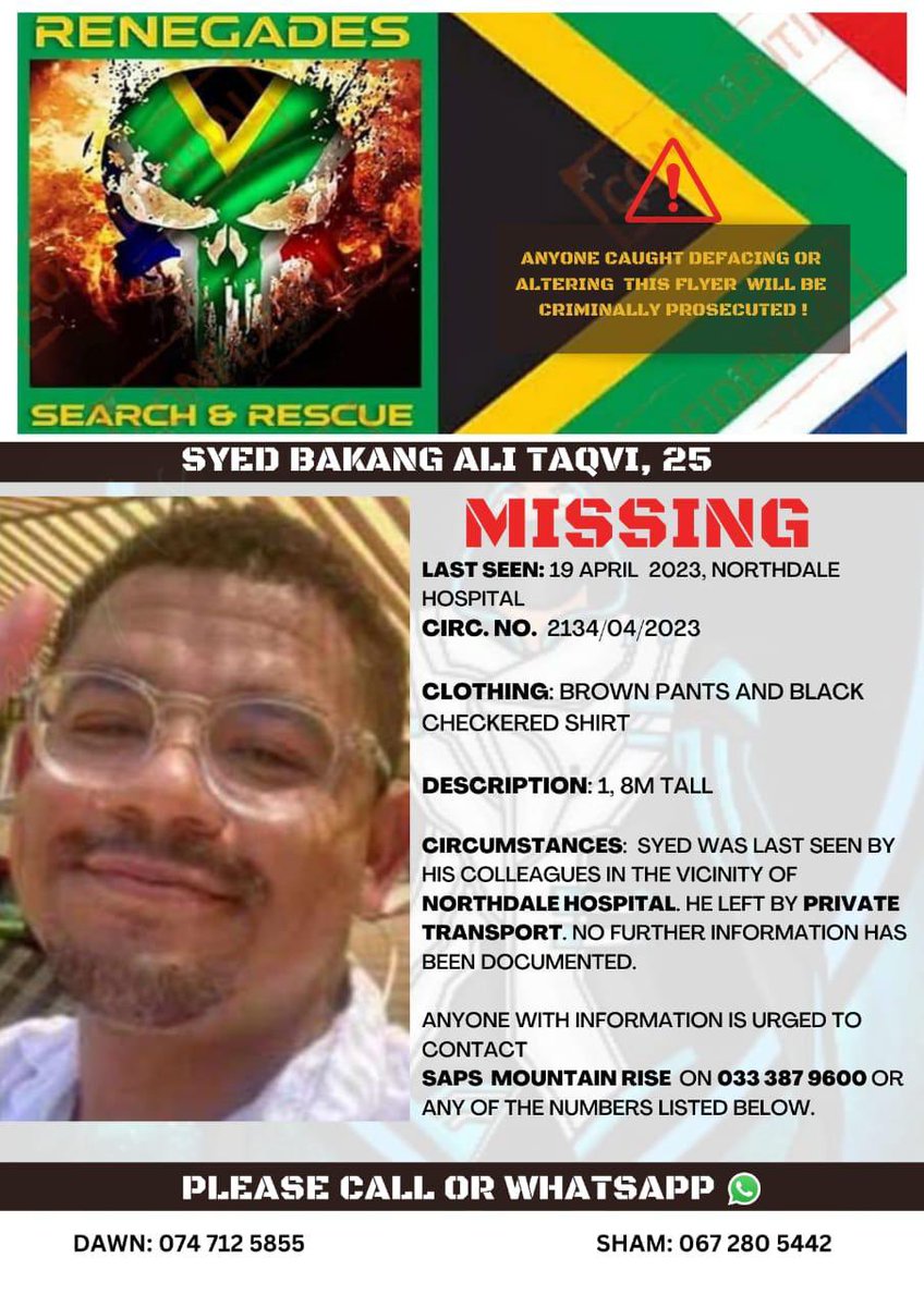 Leago_Lee's tweet photo. We are still looking for our friend. Please help us by sharing this poster. He is a junior doctor who was last seen at Northdale hospital on 19 April 2023. @KayaON959 @ukhozi_fm @Yfm @METROFMSA @ecr9495 @Radio702 https://t.co/ps8DMPrBex
