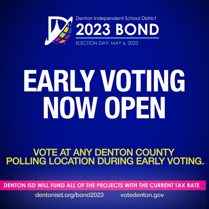 DentonISDsped's tweet photo. Polls are open for Early Voting: 8a to 5p - Monday, April 24th through Saturday, April 29th 11a to 5p - Sunday, April 30th 7a to 7p - Monday, May 1st &amp; Tuesday the 2nd Election Day is Saturday, May the 6th Visit https://t.co/JZcP37DxcC &amp; https://t.co/GuBSDMhuLb for more info. https://t.co/24biWn3U9y