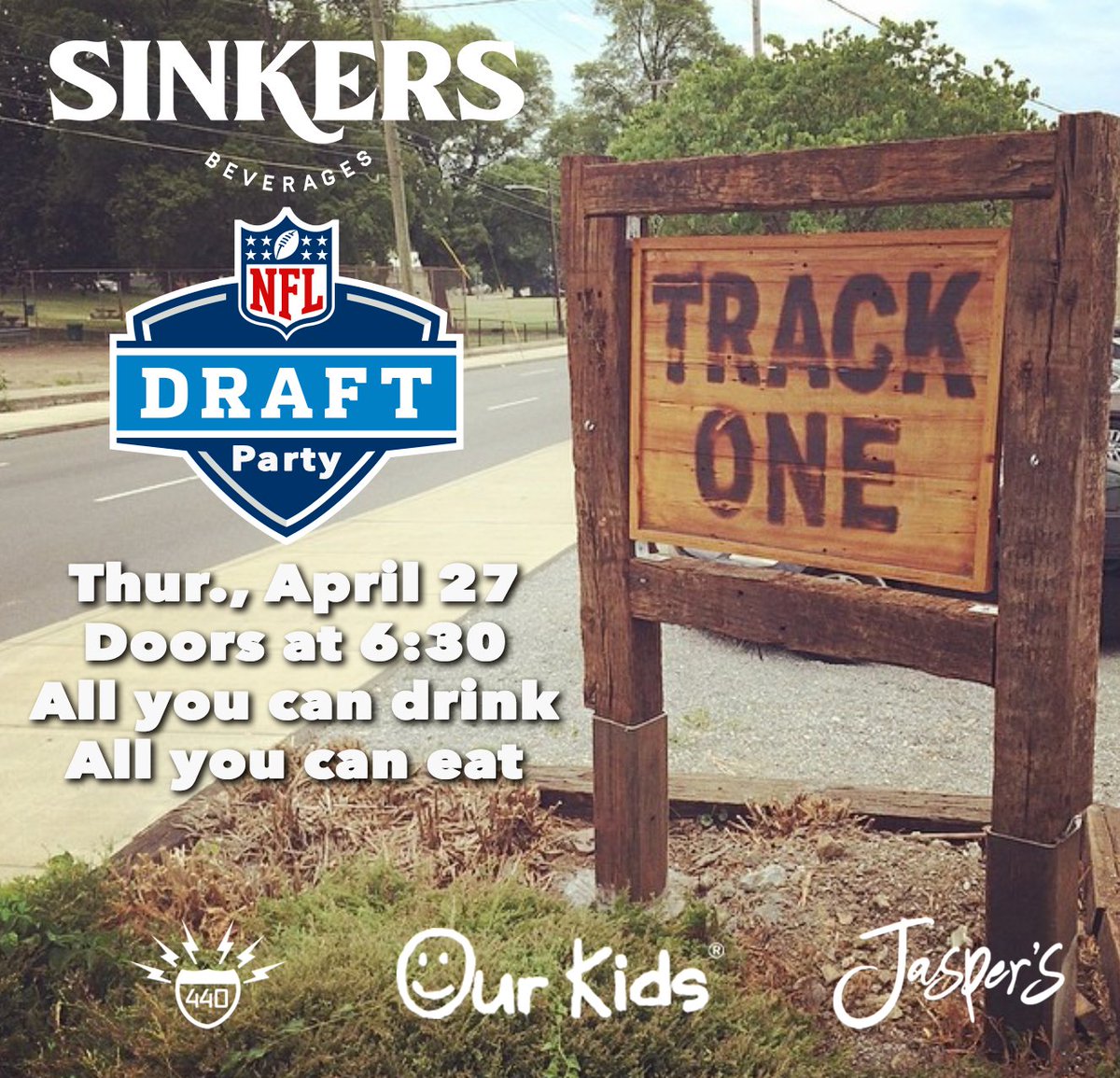 All you can eat, all you can drink, watch NFL Draft AND help kids? The @SinkersBev @440Sports Draft Party! 💥 Proceeds to @OurKidsTN 💥 Food: jaspers.restaurant 💥 Live show w/ @FWordsPod 💥 Special 🥃 prizes 💥 Special guests 💥 Tickets: bit.ly/3mWN5U4