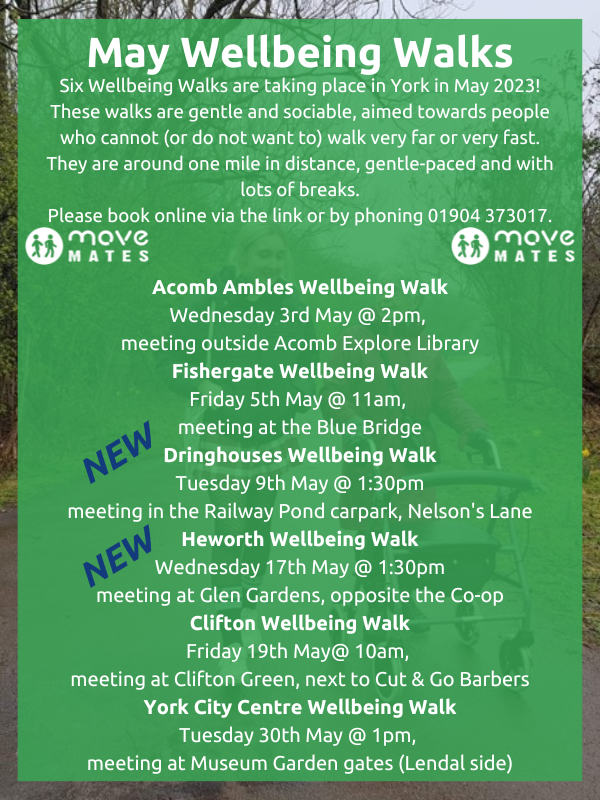 move_mates's tweet photo. #York May Wellbeing Walks  💚
Free 🎉

Everyone welcome 💚
https://t.co/hbLZPEHYGK

Dringhouses and Heworth start this month 💚

@LiveWellYork @YESIUoY @CityofYork @healthwatchyork @SanctuaryYork @YorkDisability @YorkEndsStigma @JennieLACYork @YorkCVS @W2WYork @iTravelYork https://t.co/1HhxttjrlB