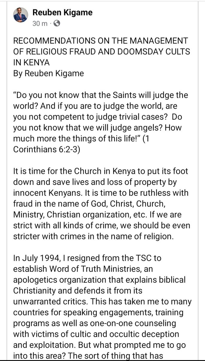 ReubenKigame's tweet photo. RECOMMENDATIONS ON THE MANAGEMENT OF RELIGIOUS FRAUD AND DOOMSDAY CULTS IN KENYA. @NCCKKenya 1/2. https://t.co/YMhid7aIf9