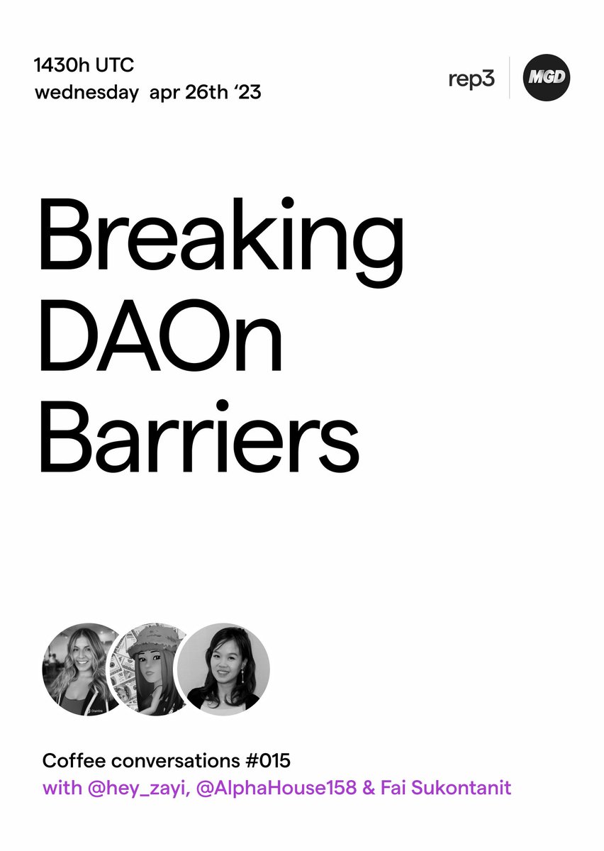 📢 Announcement!

DAOs present unique challenges that only get weirder with time. 🧩

Join us as we host @hey_zayi, <a href="/AlphaHouse158/">QuantumAlpha</a> and Fai from <a href="/metagammadelta/">MGD DAO</a> to talk about tackling member burnout, pivots, fundraising and more! 🤓