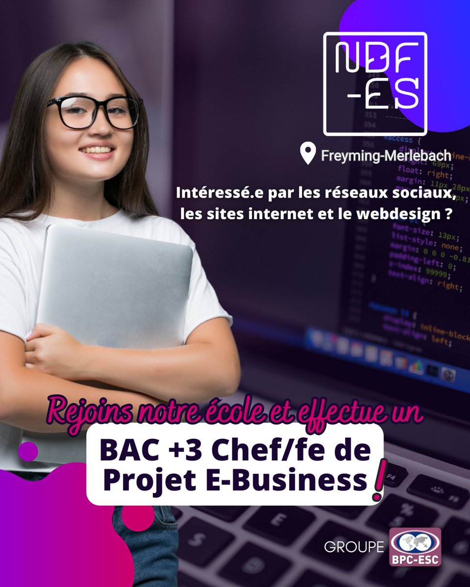 ndf_es's tweet photo. 💻 Animé.e par les réseaux sociaux, la mise en place de sites internet ou encore le webdesign ? 
Rejoins l'aventure à nos côtés en intégrant le BAC+3 Chef.fe de Projet E-Business🧑‍🎓
Plus d'informations et inscription juste ici : https://t.co/jqbQj67zw3
#alternance #chefdeprojet https://t.co/OxgphimhXc