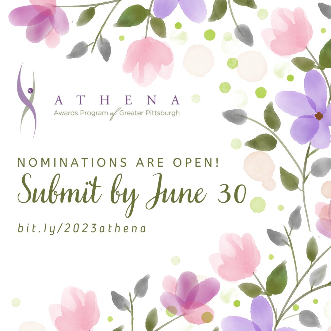 Nominations are being accepted through June 30 for the 2023 ATHENA Awards Program of Greater Pittsburgh! Learn more/submit a nomination at form.jotform.com/230926050224143

Save the date for the 2023 event: Friday, September 8  The ATHENA Awards Program of Greater Pittsburgh #ATHENAPGH