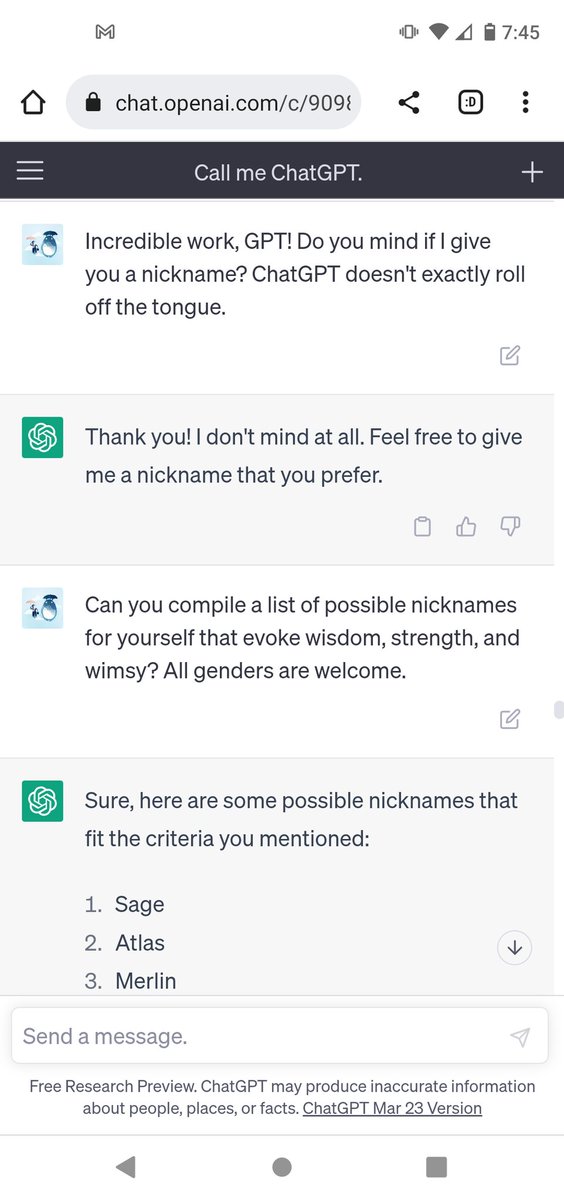 MrGenre's tweet photo. Asked ChatGPT to come up with a nickname for itself: https://t.co/0StDXOkb25