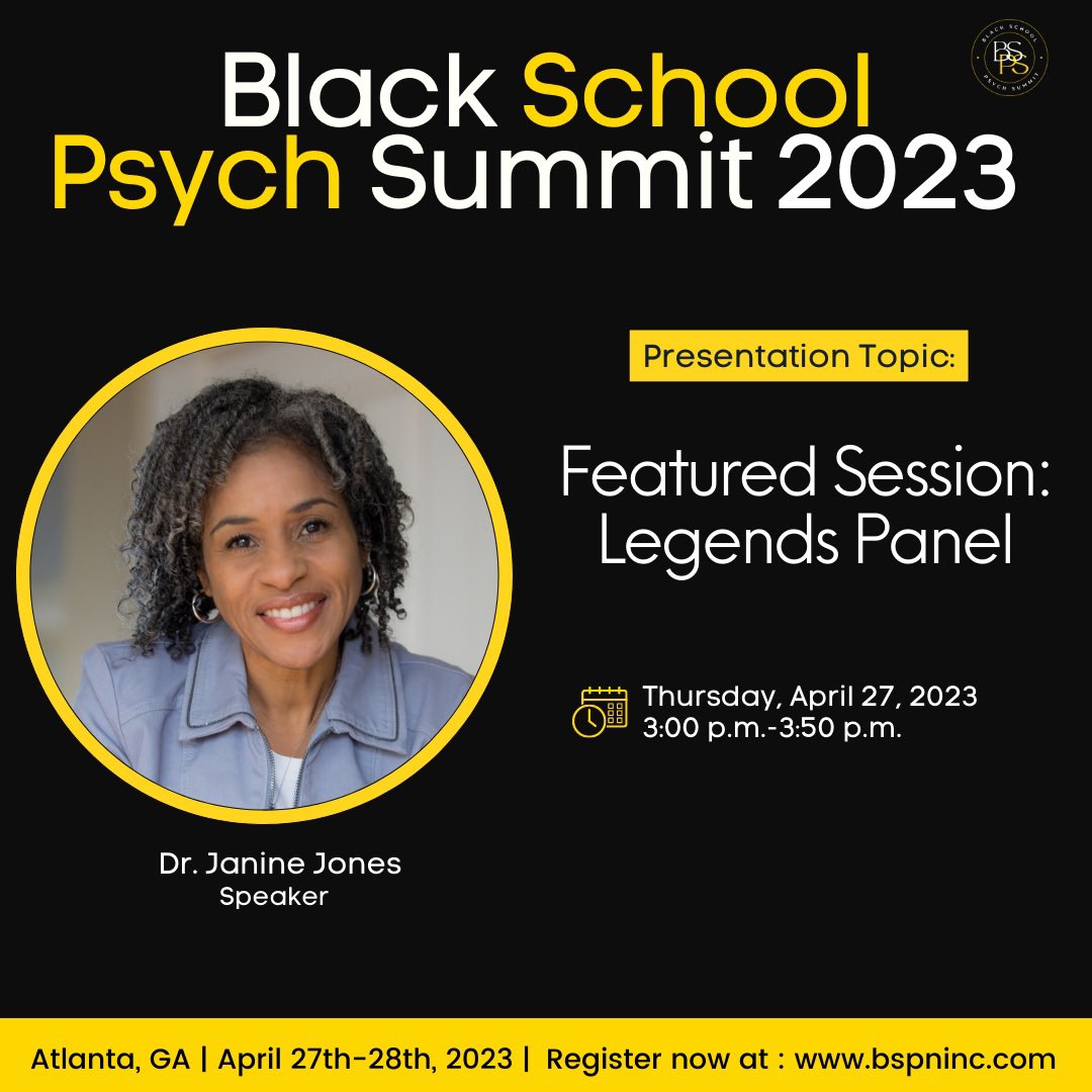 Janine Jones (@drjaninejones) on Twitter photo History in the making! I'm thrilled to be recognized as a “Legend” at the inaugural Black School Psych Summit happening in Atlanta, GA on Thursday! This will be a first-of-its-kind experience! <a href="/TheBlackSPs/">Black School Psychologists Network, Inc.</a> #BlackSPSummit23 #TheBlackSPs #BSPS2023 <a href="/UWCollegeOfEd/">UW College of Education</a> History in the making! I'm thrilled to be recognized as a “Legend” at the inaugural Black School Psych Summit happening in Atlanta, GA on Thursday! This will be a first-of-its-kind experience! <a href="/TheBlackSPs/">Black School Psychologists Network, Inc.</a> #BlackSPSummit23 #TheBlackSPs #BSPS2023 <a href="/UWCollegeOfEd/">UW College of Education</a>