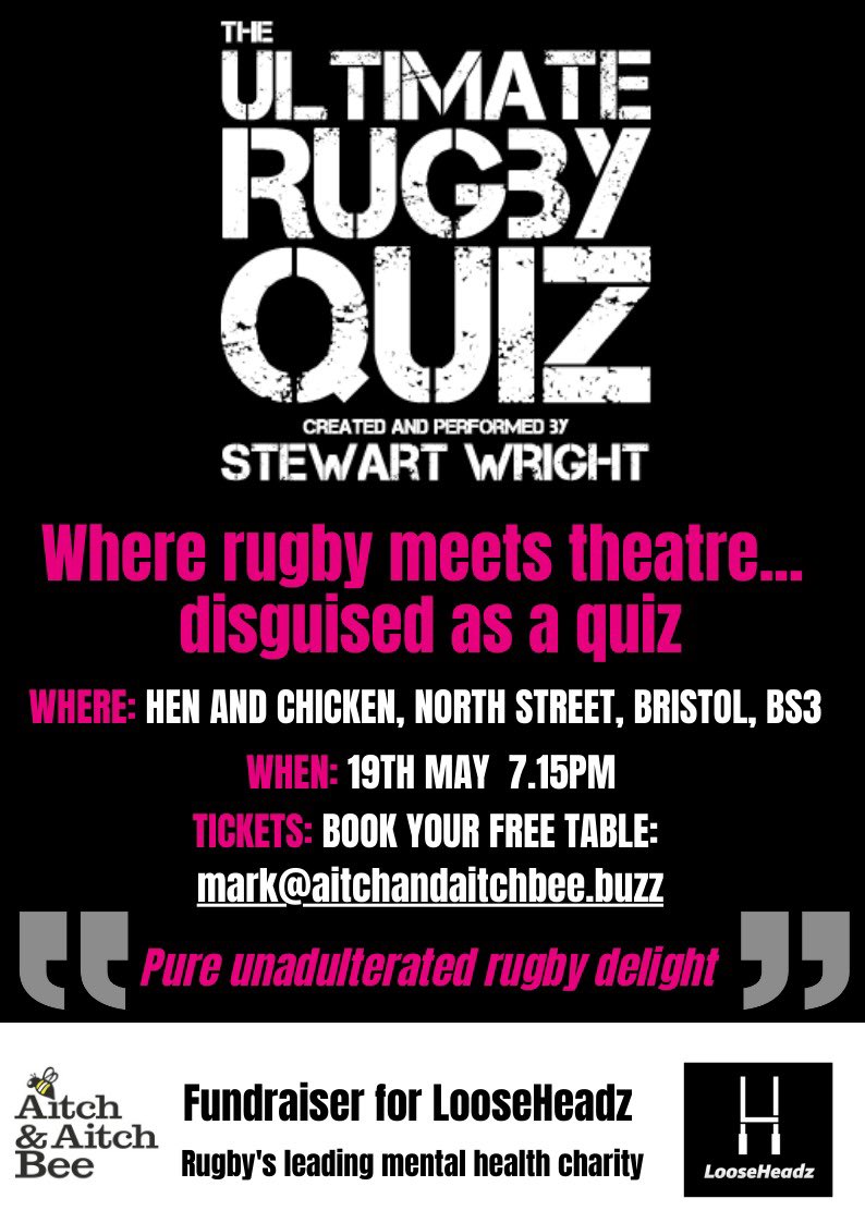Calling all rugby clubs, schools and charities near Bristol. Don’t miss this! Grab your free team place now. All details below! Please RT @ultrugbyquiz @stewartwright74 @LooseHeadz @BristolBears @BristolBearsW @SpoonBriBathSom @rugbyunited @GRFUrugby @EggChasersXV @happyeggshaped