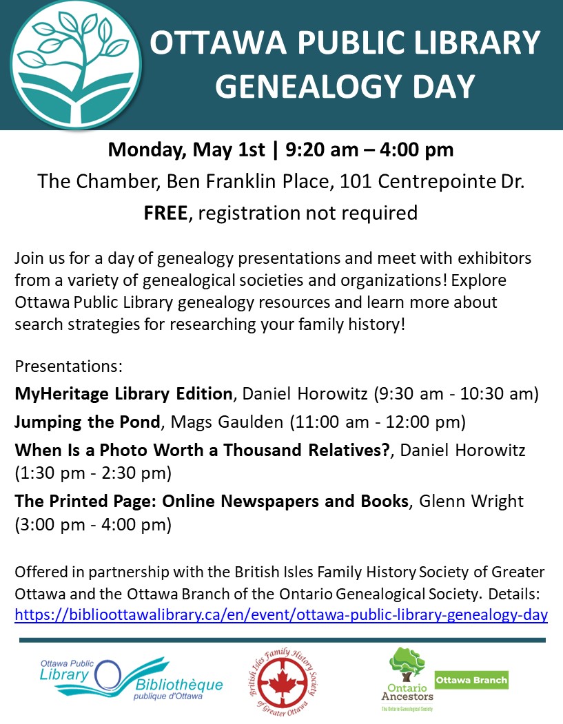Coming soon! <a href="/opl_bpo/">OttPubLib/BibPubOtt</a> Genealogy Day next Monday, May 1. Speakers <a href="/MyHChiefGen/">Daniel Horowitz</a>, Mags Gaulden, Glenn Wright, plus exhibitors from local genealogy societies. Free, in-person, all welcome. biblioottawalibrary.ca/en/event/ottaw…