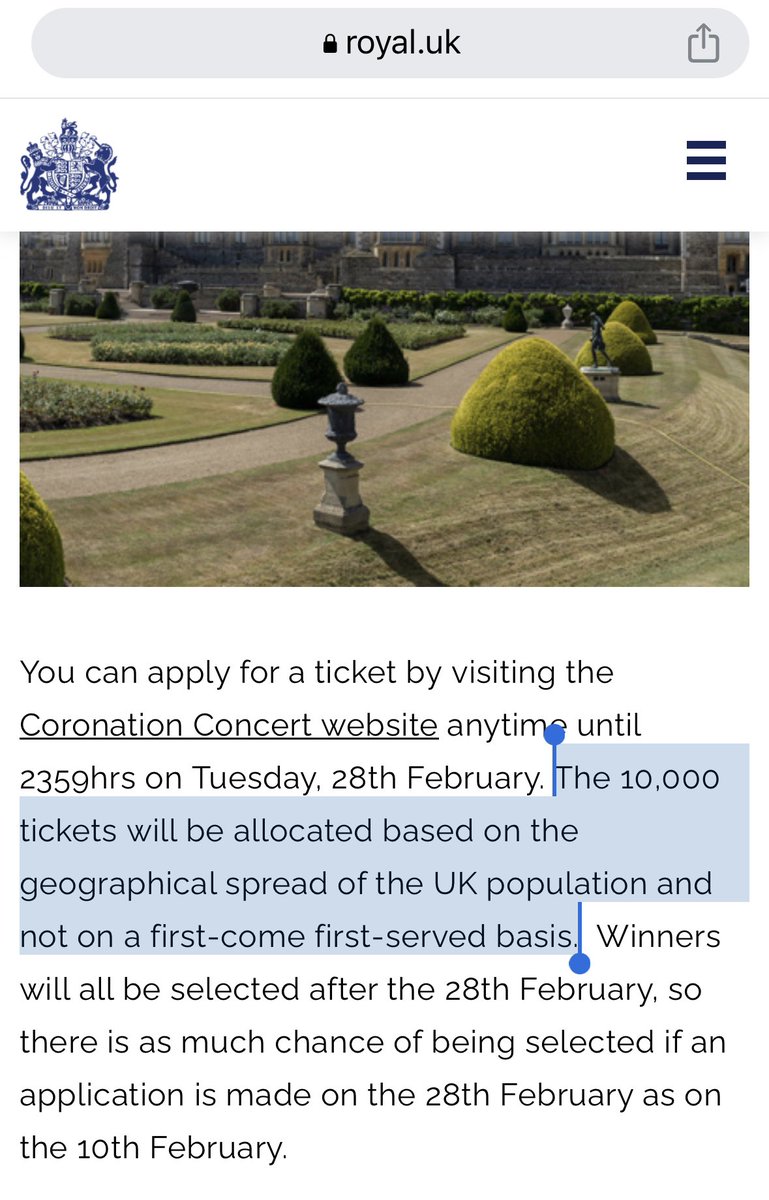 yorkshireguy's tweet photo. @TicketmasterUK @TicketmasterCS From the official @RoyalFamily Website on how the allocation would work. Members of public SELECTED to receive tickets plus clearly says NOT on a First Come First Served. We deserve answers quickly. #CoronationConcert https://t.co/uRWzyt5cy1