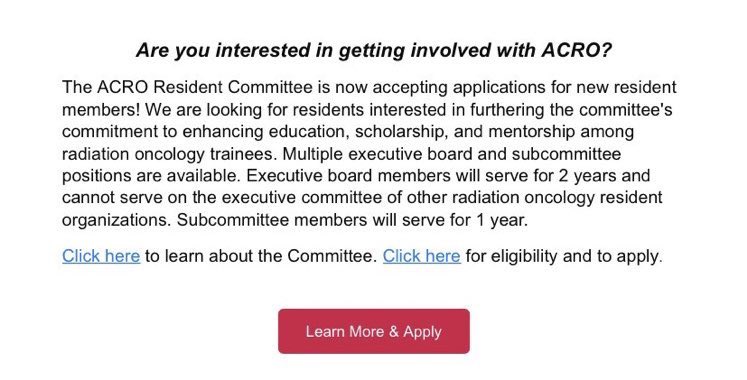 🚨#RadOnc trainees🚨 T-4️⃣ days to apply to the @ACROresident committee! It’s a great opportunity to help shape the resident experience nationally. Due 📆 - Friday, 04/28/23 App Link ⬇️ acro.org/page/residentc…