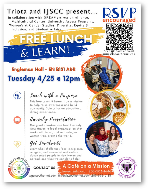 scsuwgs's tweet photo. Hello everyone, today we will be hosting the Lunch and learn with guest speakers from Havenly New Haven, a  non-profit organization that works with immigrant and refugee women from around the world and supports itself by operating a small New Haven restaurant/catering business. https://t.co/70p0UN3NxY