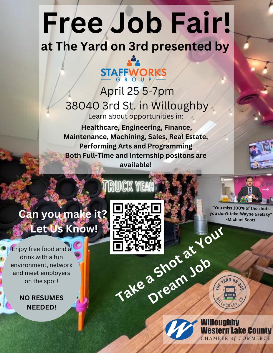 Job Fair day is finally here!

We're excited to be hosting tonight's job fair at The Yard on 3rd presented by Staffworks Group - Willoughby from 5-7pm located at 38040 3rd St in Willoughby!

We are bringing in heaters so we can beat the cold weather and stay warm!
