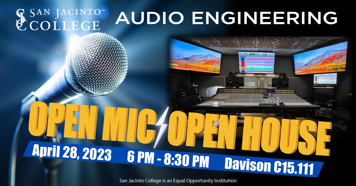 SJCCMusic's tweet photo. 🎤 Our Audio Engineering Open Mic/Open House is this Friday, April 28 between 6-8:30 PM in the Davison Building!  All are welcome, check-in at C15.111.  https://t.co/7ouNr3wvSq @sanjaccollege #sjcspring23 #openhouse 🎤 https://t.co/2zN8cSk4HM