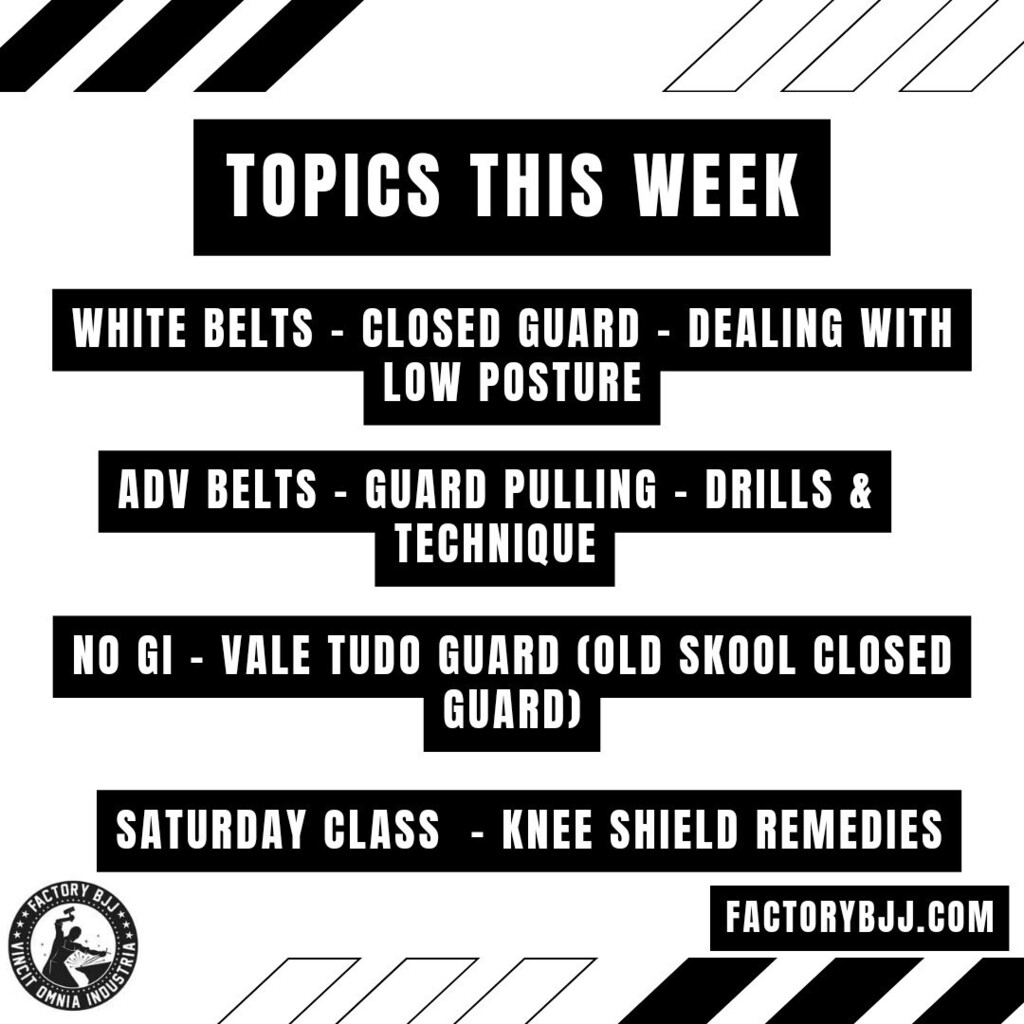 FactoryBJJ's tweet photo. This week we are going to be looking at the following:⁣
⁣
White Belts: We are dealing with the common problem of someone stalling in the low posture position. We will be looking at two sweeps, including the old skool - Vale Tudo Guard / Stocks Positi… https://t.co/7od15K35Z0 https://t.co/87XpT88kd6