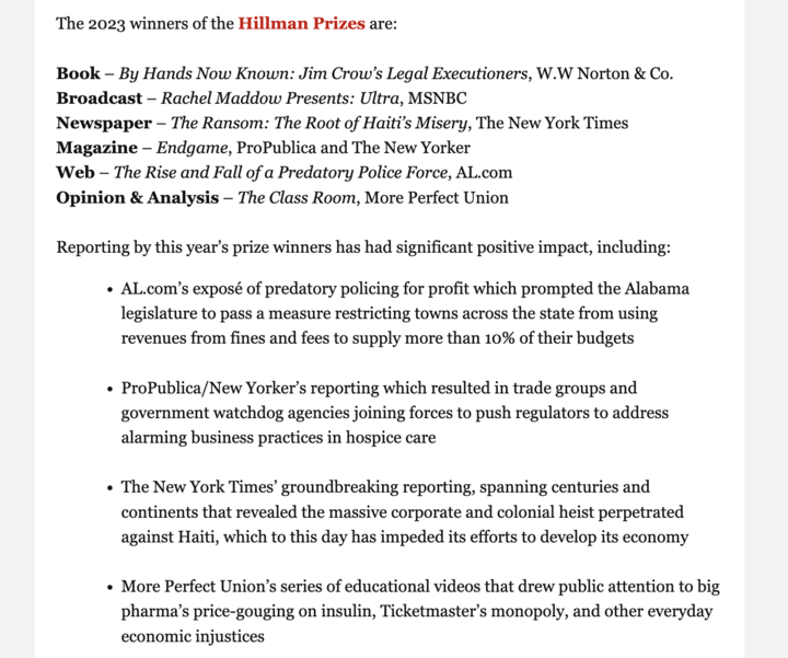 MorePerfectUS's tweet photo. We’re honored that 'The Class Room' is the 2023 winner of The Hillman Prize for Opinion and Analysis.

The Hillman is given to journalism "in service of the common good." Past winners include Ta-Nehisi Coates and Jamelle Bouie.

Some of our award-winning work threaded below! https://t.co/LLmBTN8Cpm