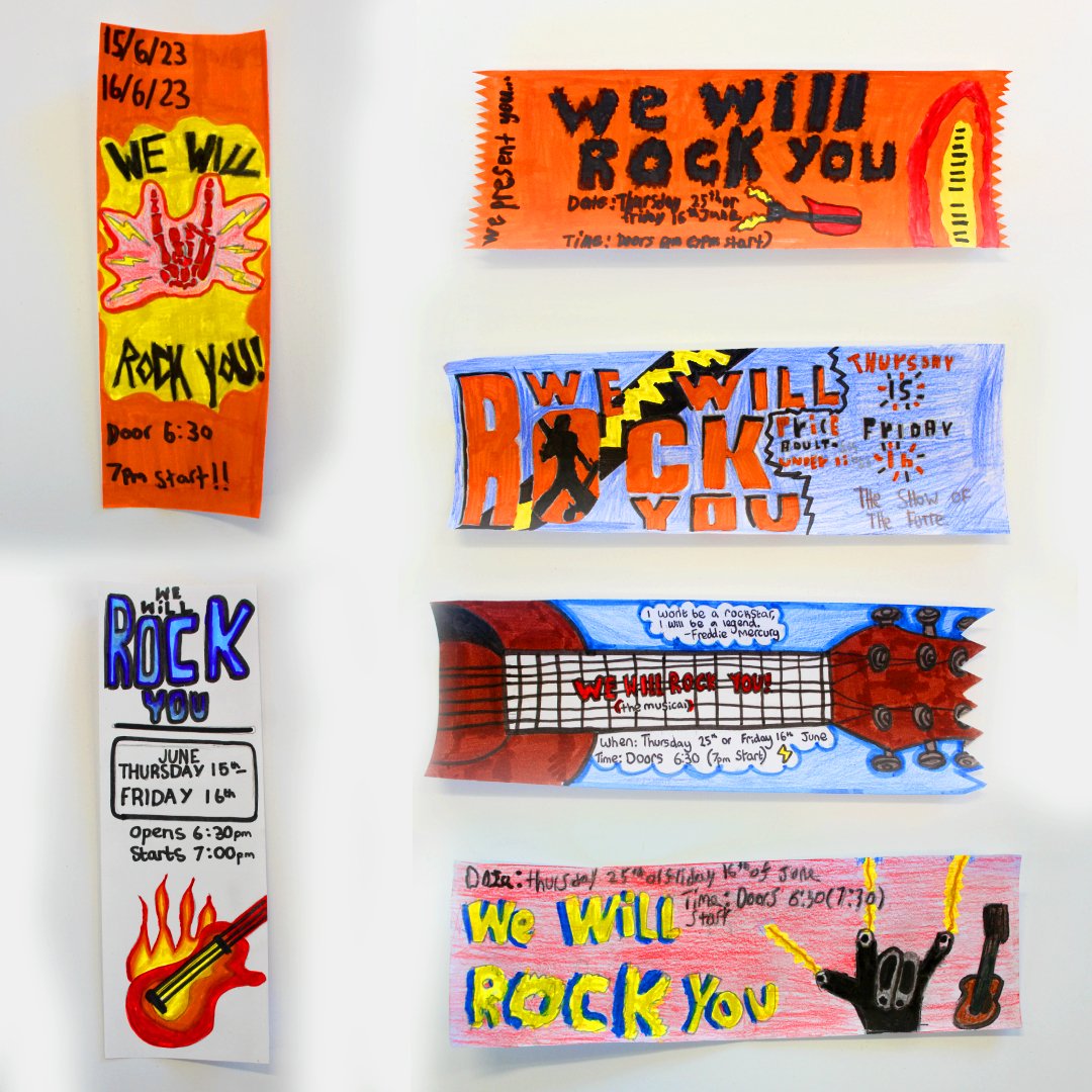 S1 have been competing to design the ticket for this year's school musical ‘We Will Rock You’

Congratulations to the winner Shivam Nevay and to all the runners up. Have a look at their rocking designs below and be sure to book your beautifully designed tickets for the big show!