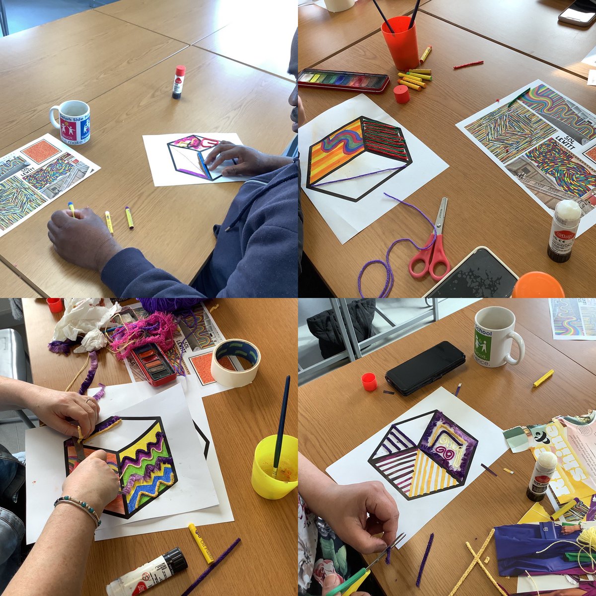DelphSide's tweet photo. Our Adult Art session was bursting with colour today, as we looked at the artist Sol Lewitt. 🎨With a focus on pattern, we use many different materials to create our own pattern cubes.🌟
#enjoy #embrace #evolve
@PaulCarneyArts @theartcriminal @NSEAD1 @accessart https://t.co/a1Fj1mpZYD