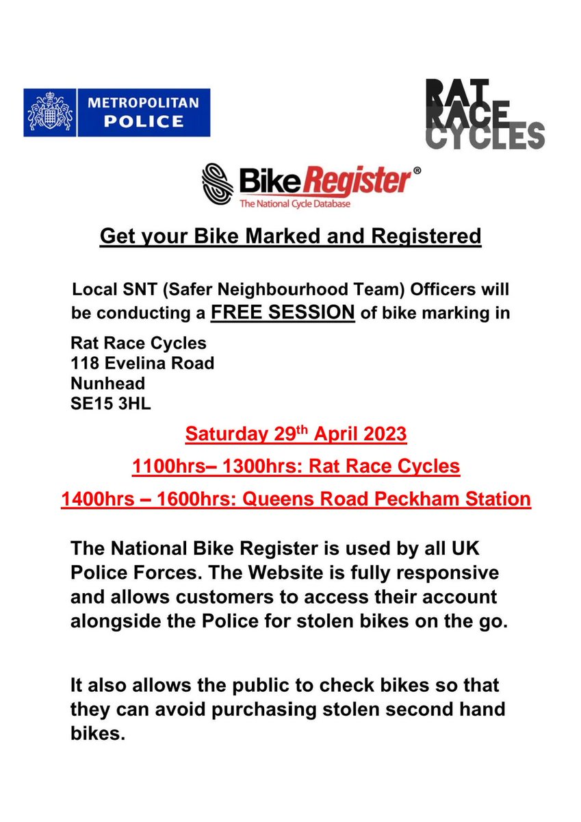 REMINDER....Get your bike marked & registered for FREE Sat 29th April at Nunhead and Peckham venues....PLS RT INCL POSTER... @IvanhoeResAssoc @PeckhamVision @ShinyShep @ratracecycles @NunheadsVoice @CoplestonCentre @WHYCNunhead @Rhules @GavinEdwards77 @ReginaldPopoola