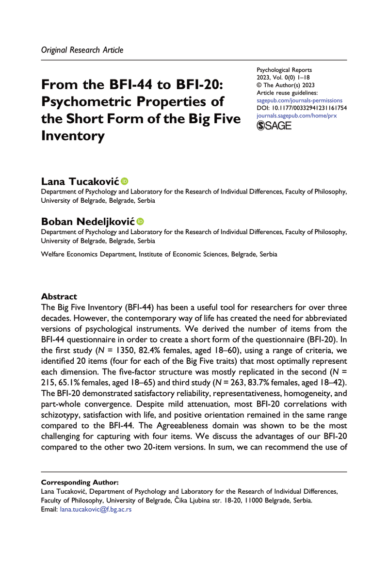 LiraLab_Bgd's tweet photo. 🚨NEW STUDY🚨 Psychometric properties of the short form of the Big Five Inventory – BFI-20
by LIRA PhD researchers Lana Tucaković & Boban Nedeljković
🔗 https://t.co/F2iqZcuXVu
BFI-20 is available in #REPOPSI, our repository of open instruments: https://t.co/44IJ5eZ2Qe https://t.co/an4jXr6DYo